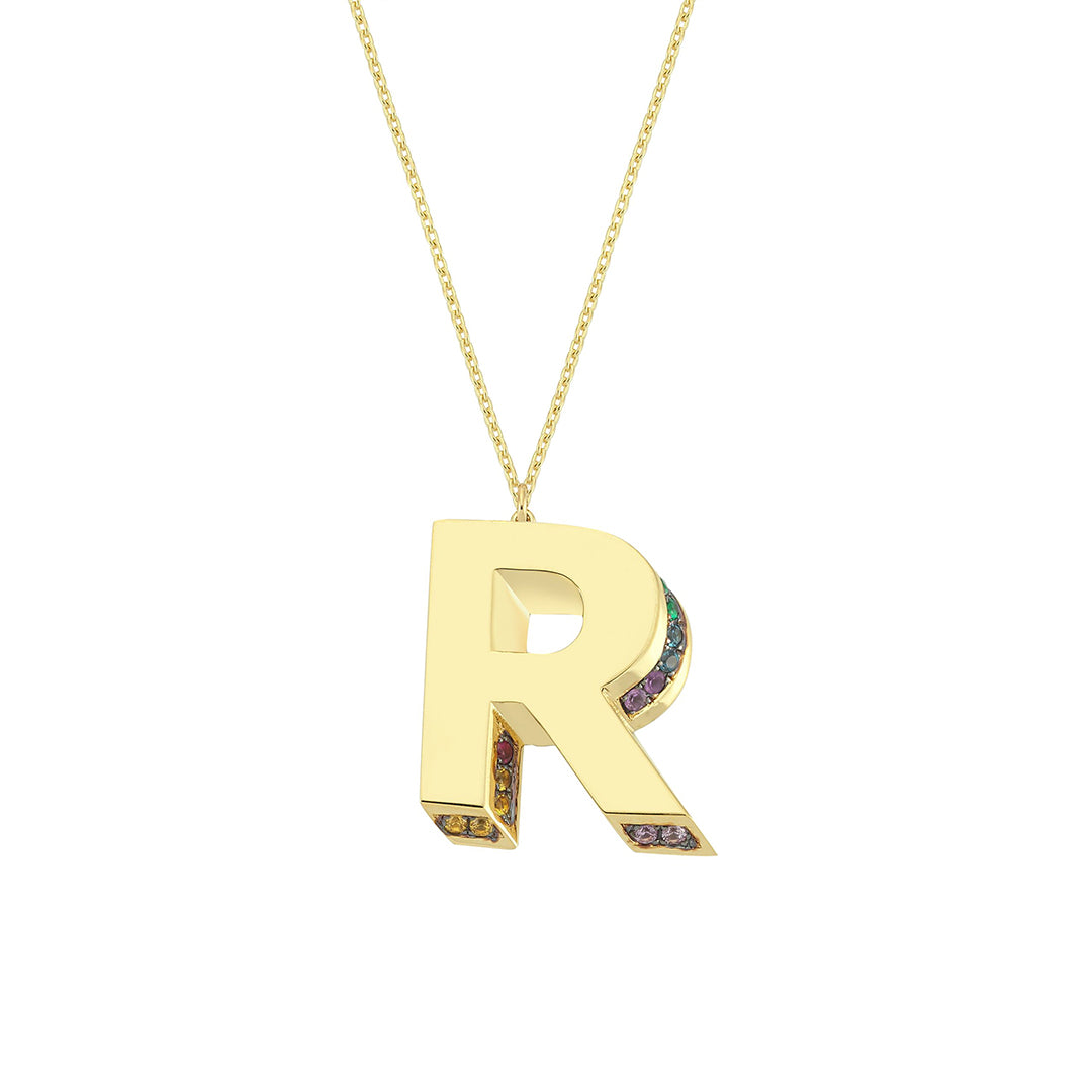 Renkli Safirli 3D Kolye - R Harfi